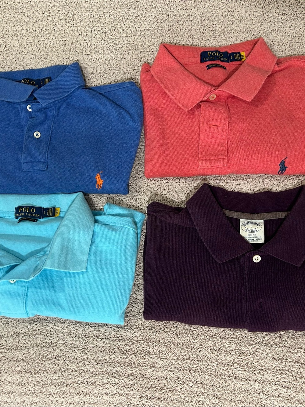 Polo Ralph Lauren Men's Polo Shirt Lot - Blue, Coral, Aqua. One black Brooks Bro